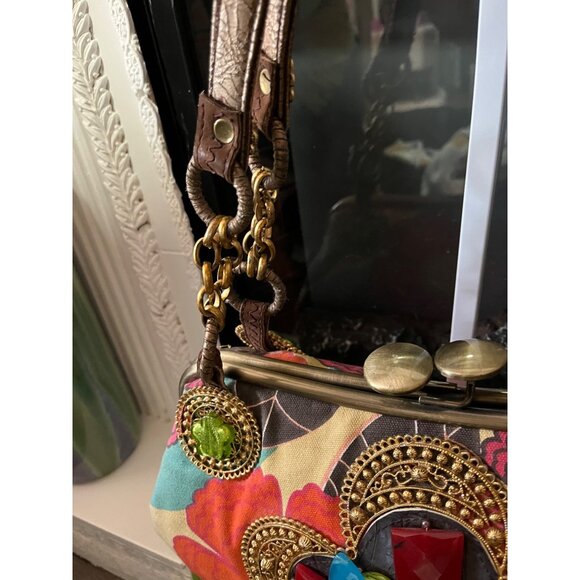 Vtg Mary Frances Handcrafted Embellished Satchel Purse With Faux Gemstones & Flo - Picture 15 of 16